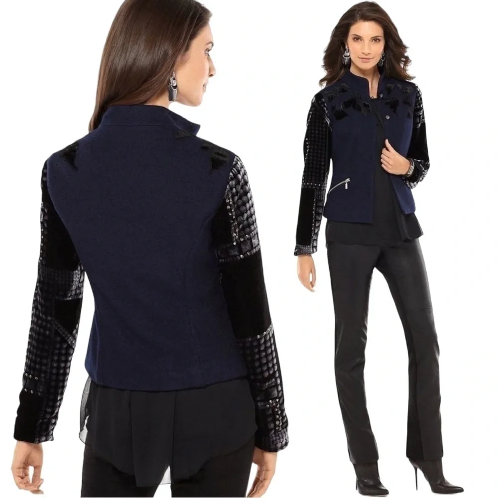 CHICOS BLACK LABEL BROCADE STUDDED VELVET WOOL BLEND 2 BUTTON JACKET